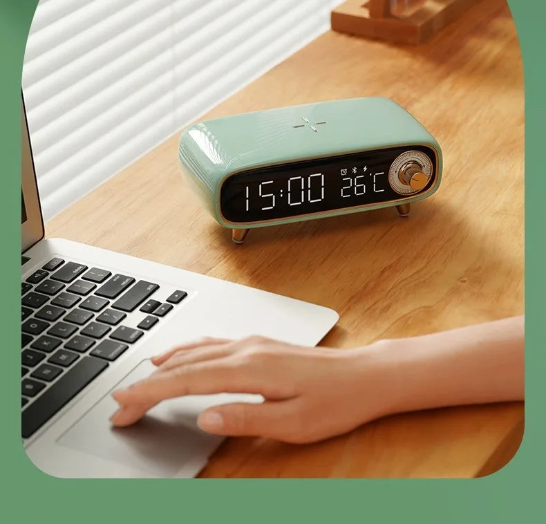 Bluetooth Speaker -Eson 5V 1200mAh Bluetooth Speaker with Wireless Charging, Alarm Clock, and Temperature Display