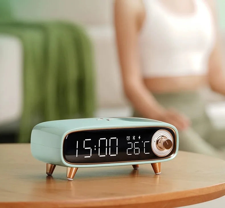 Bluetooth Speaker -Eson 5V 1200mAh Bluetooth Speaker with Wireless Charging, Alarm Clock, and Temperature Display