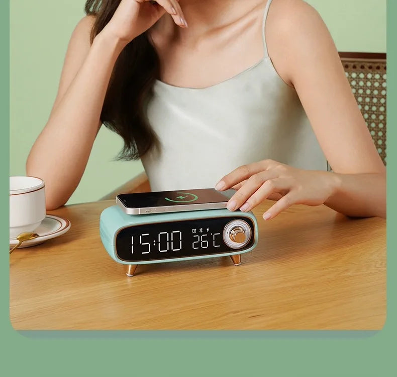 Bluetooth Speaker -Eson 5V 1200mAh Bluetooth Speaker with Wireless Charging, Alarm Clock, and Temperature Display
