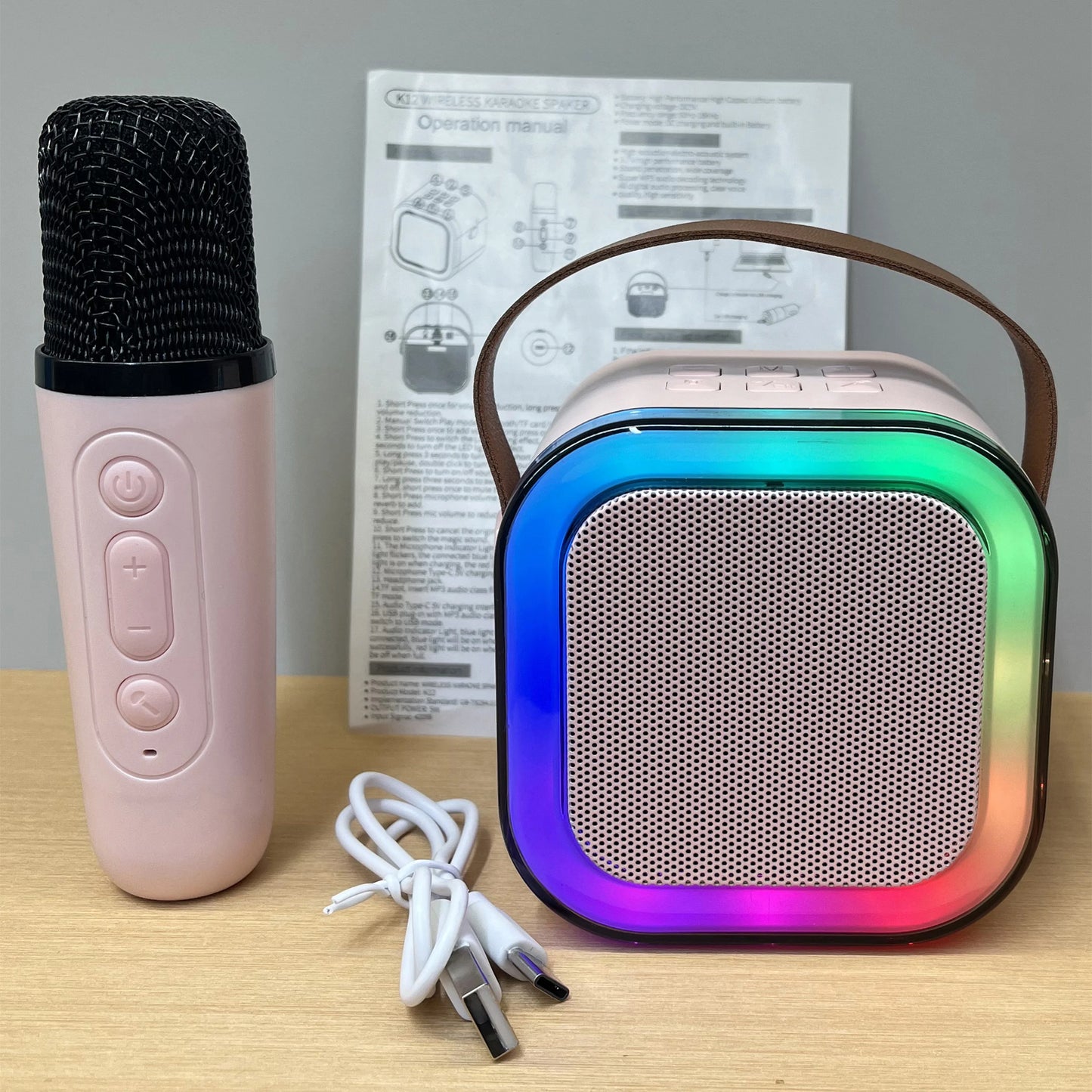 Bluetooth Speaker -1 Mic K12 Karaoke Machine Bluetooth Speaker Wireless Microphones RGB LED Colorful Lights Ambient Lighting Singing Speaker