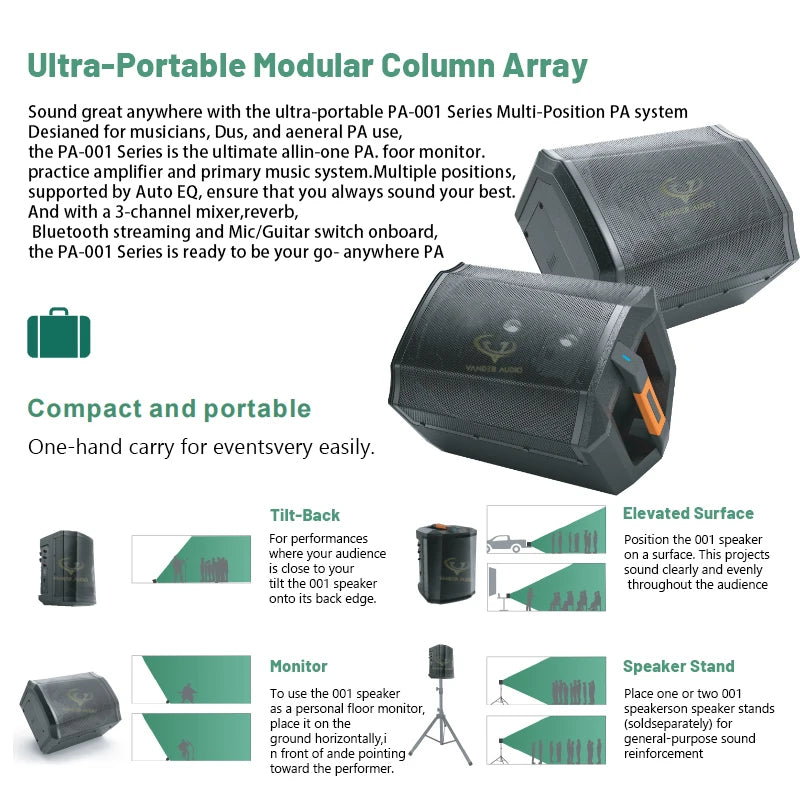 Bluetooth Speaker -High End Portable Outdoor Multi-position PA System All-in-One Battery-powered Wireless Blue Tooth Speaker