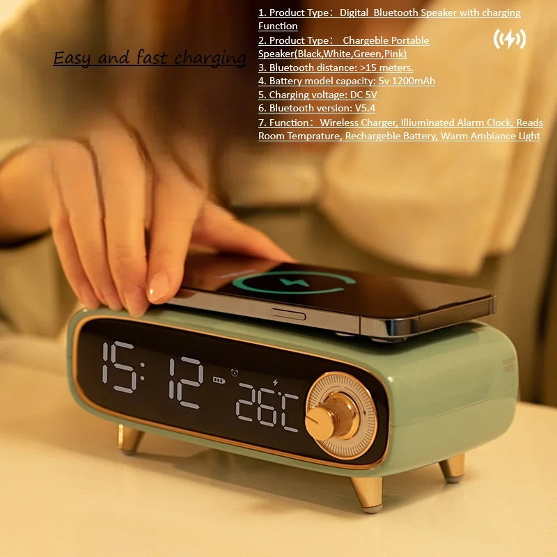 Bluetooth Speaker -Eson 5V 1200mAh Bluetooth Speaker with Wireless Charging, Alarm Clock, and Temperature Display