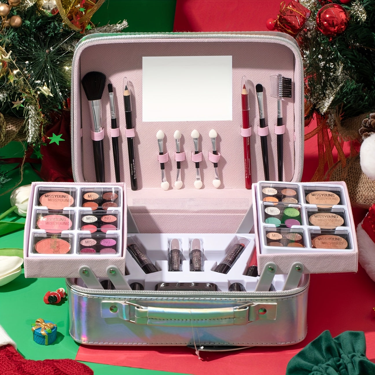 Fashion Streamer Silvery Professional Travel Case: Includes eyeshadow and blush, lipstick, mascara, eyeliner, foundation, brush, etc. -Instant freshness from gym to office, easy and stylish travel, gift for all girls, Gym Es Tidesmit