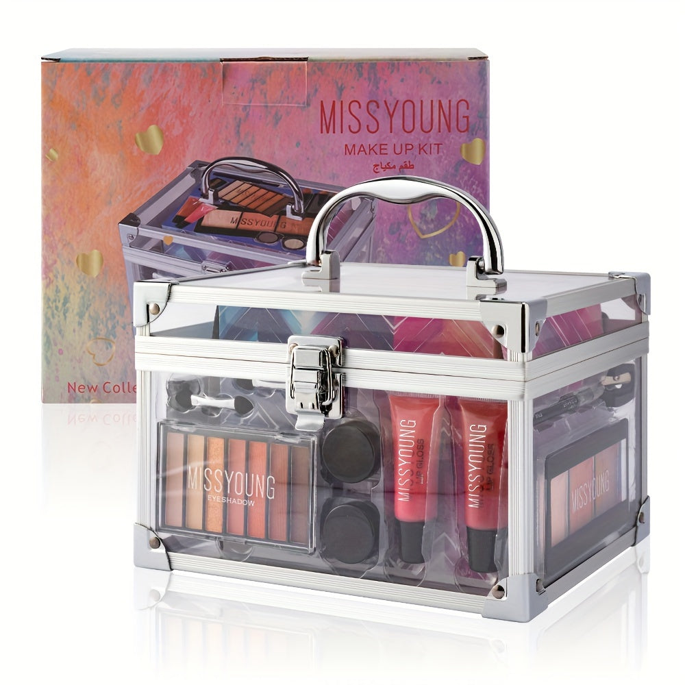 All in One Full Makeup Kit Aluminum Makeup Storage Case Train Case with Eyeshadow Palette Eye Pencil Contour Powder Lipsticks Lipgloss Eyeshadow Cream Applicator Sharpener Mirror, Makeup Gift Set for Women Girls & Teens,Easy Multipurpose Transparent Case Tidesmit