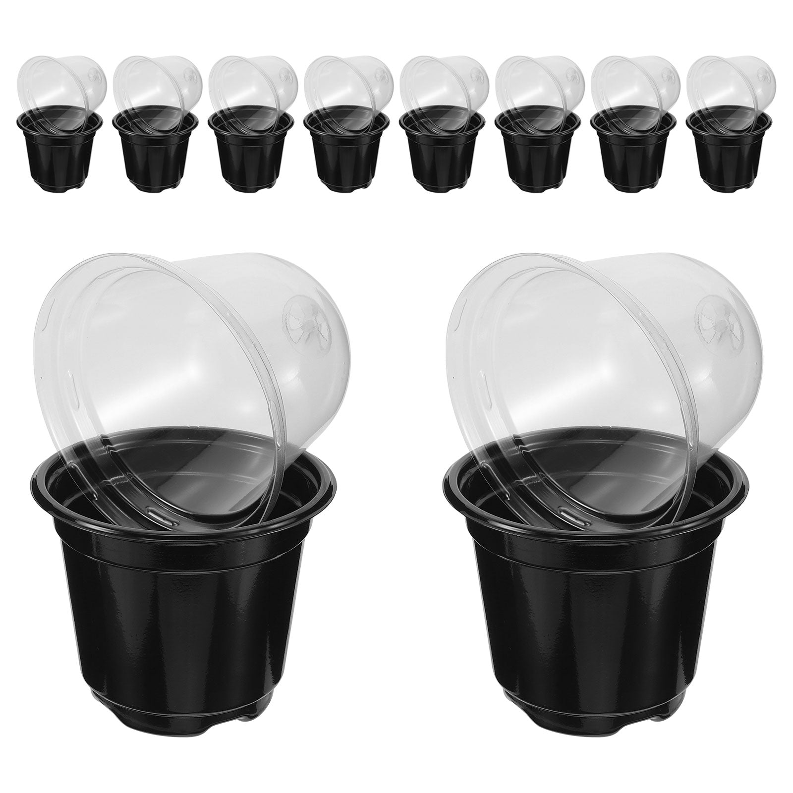 Plastic seed raising cups with clear domed lids, black bases—10-pack