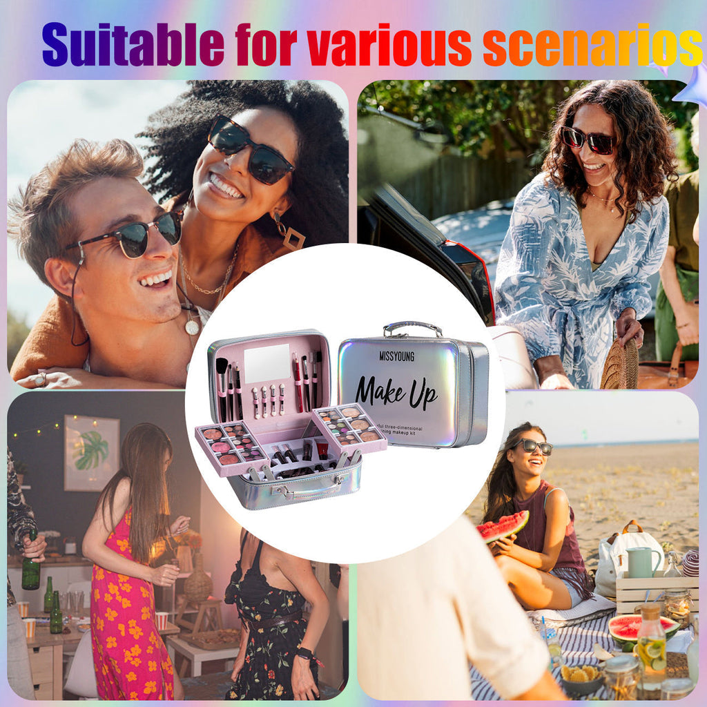 Fashion Streamer Silvery Professional Travel Case: Includes eyeshadow and blush, lipstick, mascara, eyeliner, foundation, brush, etc. -Instant freshness from gym to office, easy and stylish travel, gift for all girls, Gym Es Tidesmit