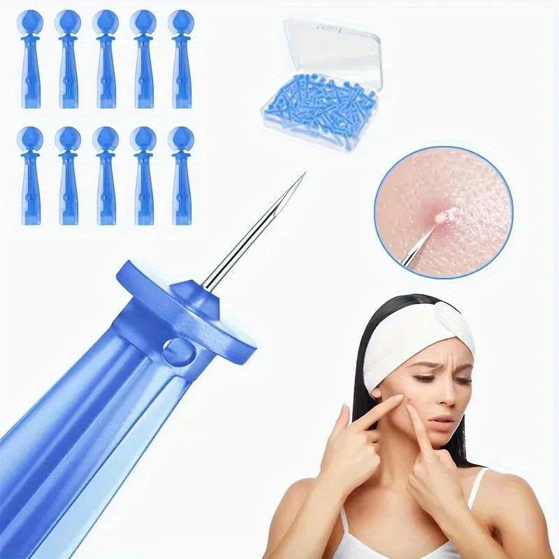 Disposable blue plastic acne needles with metal tips, shown in a storage case, in use on skin, and held by a woman.