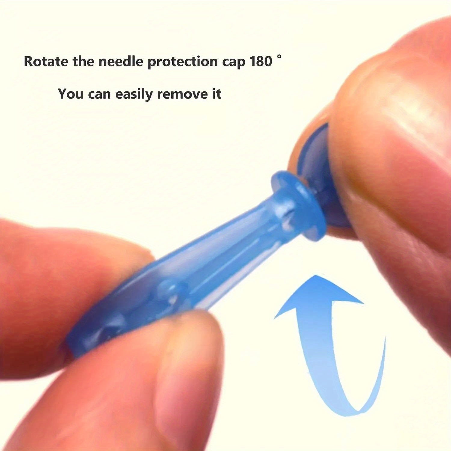 Fingers twisting a blue plastic protective cap off a stainless steel disposable blackhead removal needle.