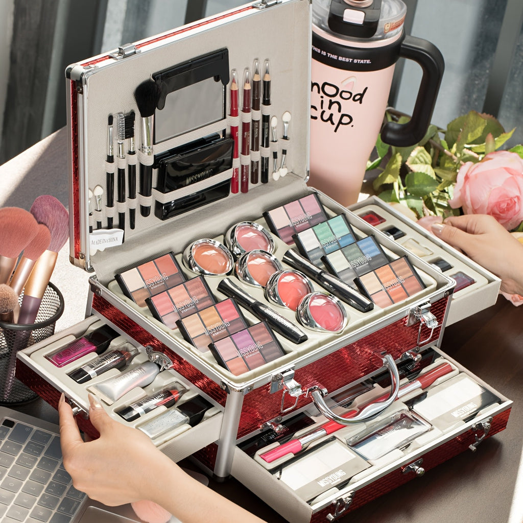 Waterproof All-in-1 Makeup Gift Box Set, Including Makeup Brushes, Blush, Lip Gloss, Eye Shadow Palette, Lipstick, Mascara, Built-in Mirror for Easy Makeup Touch-ups, A Full Set Of Makeup Tool-Ideal Gift Red Tidesmit