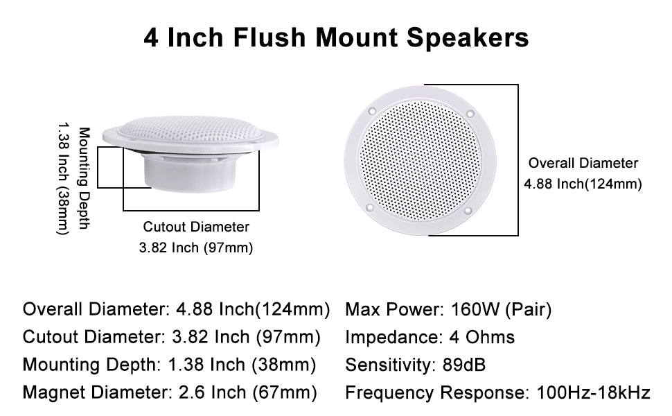 Herdio 4'' 160W 2PCS Waterproof Ceiling Marine Speaker Surround Sound Speaker For Kitchen Bathroom Yacht Outdoor Boat Home
