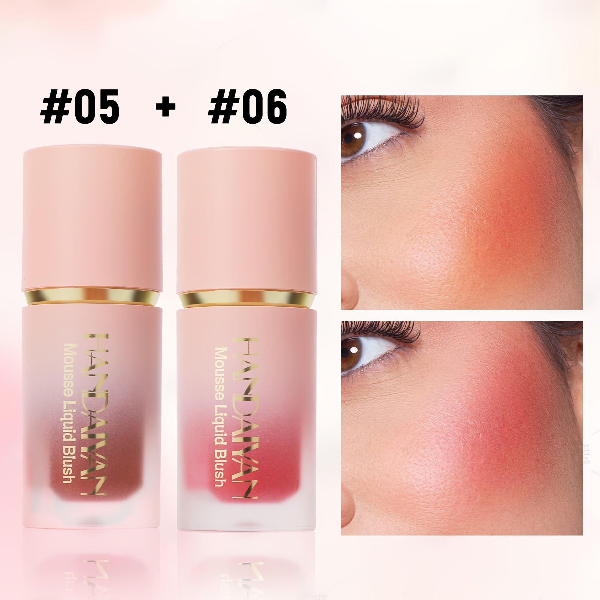 Two cylindrical liquid blush bottles in shades #05 and #06, shown applied to cheeks in matte orange and pink tones.