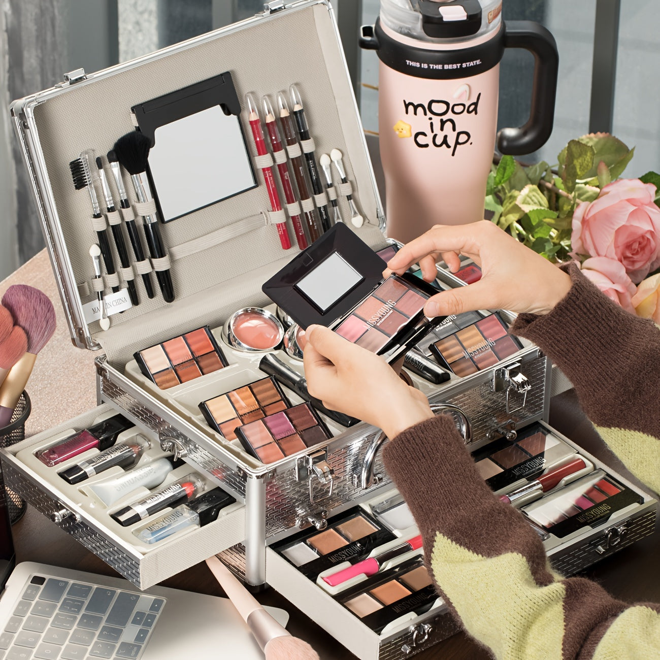 Luxury All-in-One Portable Makeup Case & Beauty Set with Mirror - Formula Multifunctional Travel Kit (Eyeshadow, Lip Liner, Blush, Eyebrow Pencil) in Brown/Berry/Coral/Green/Blue Tones - Professional Gift Box for Women for Tidesmit