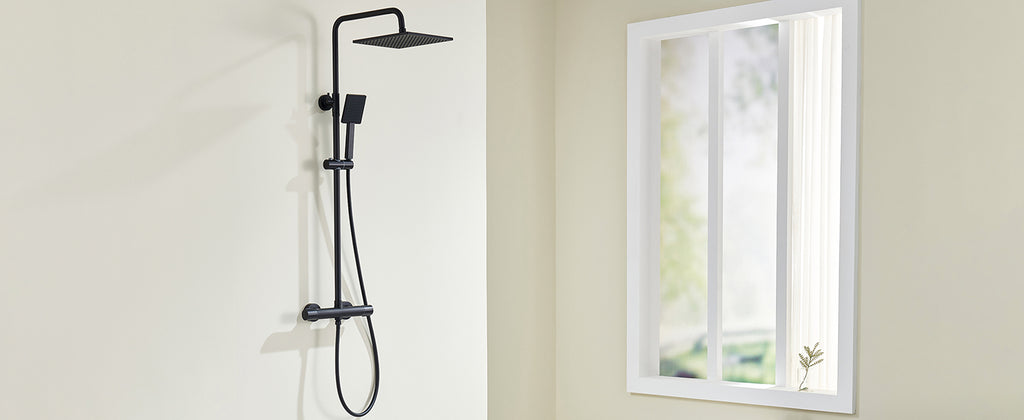 Shower bar with thermostatic mixer tap, anti-scald mixer tap, 25x25 cm shower, adjustable shower bar without drilling, Black