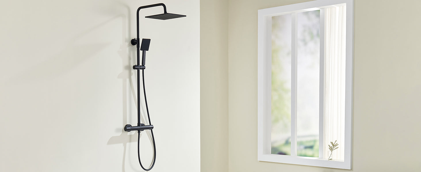 Shower bar with thermostatic mixer tap, anti-scald mixer tap, 25x25 cm shower, adjustable shower bar without drilling, Black