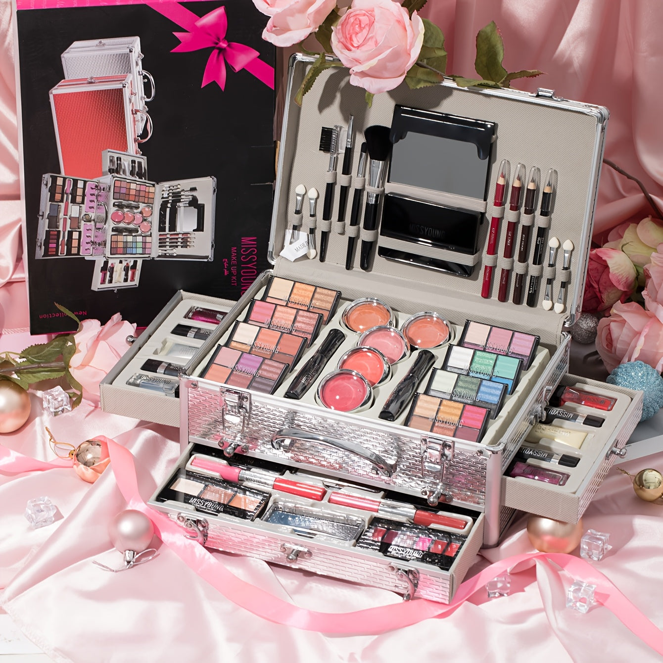 Waterproof All-in-1 Makeup Gift Box Set, Including Makeup Brushes, Blush, Lip Gloss, Eye Shadow Palette, Lipstick, Mascara, Built-in Mirror for Easy Makeup Touch-ups, A Full Set Of Makeup Tool-Ideal Gift Tidesmit