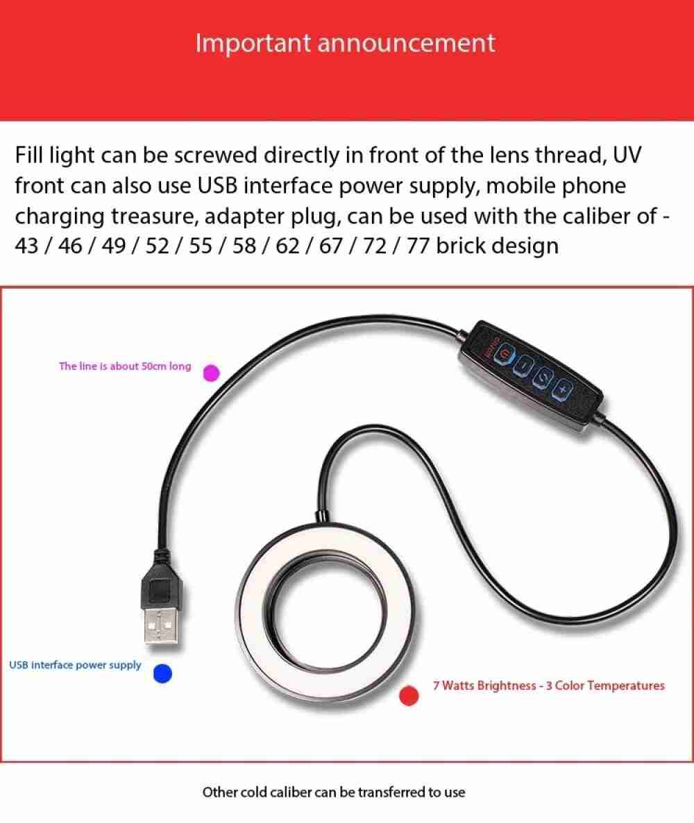 Circular USB fill light with a 50cm cable, inline control pad, and threaded lens mount for camera attachments.