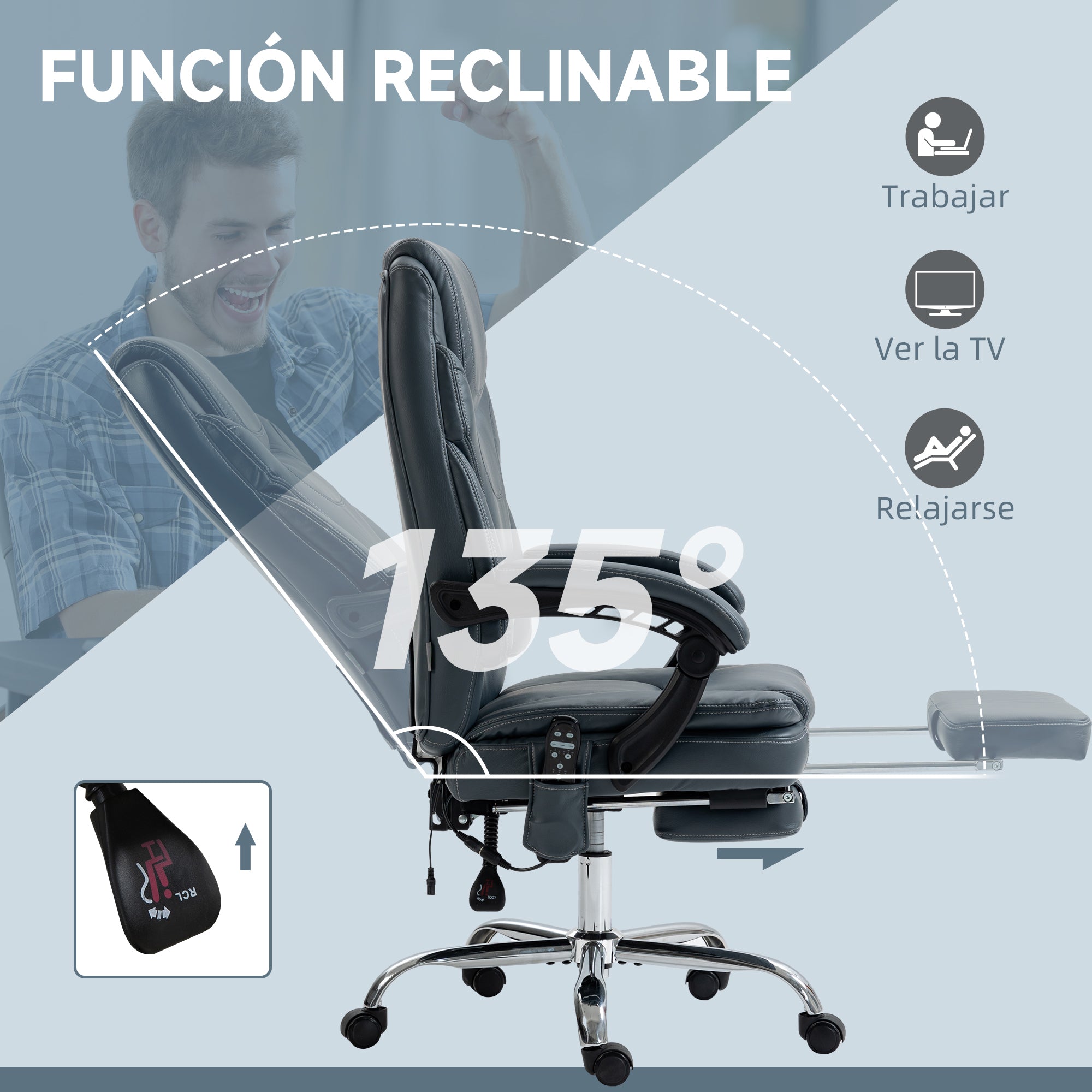 Gray recline massage chair on chrome base with extended footrest and padded armrests.