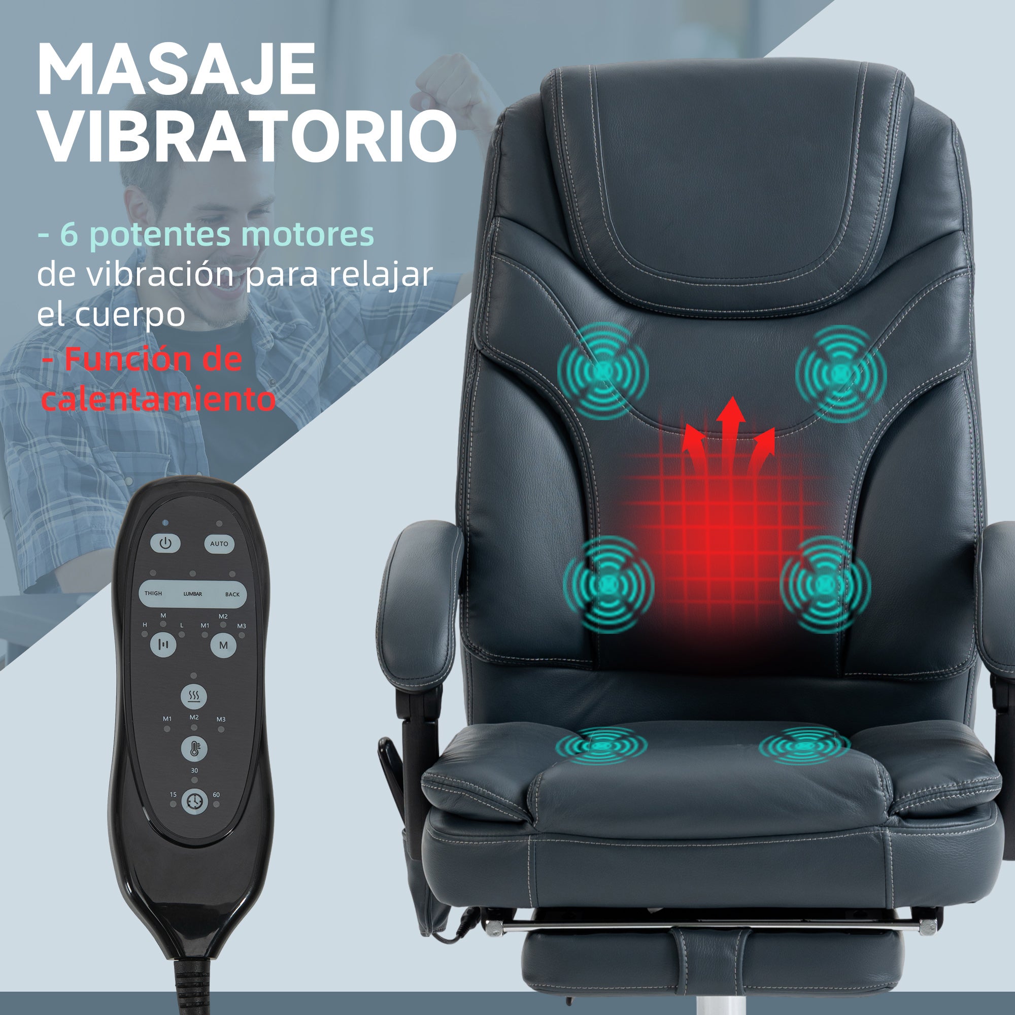 Gray massage recliner chair with headrest, visible massage nodes, and handheld remote.