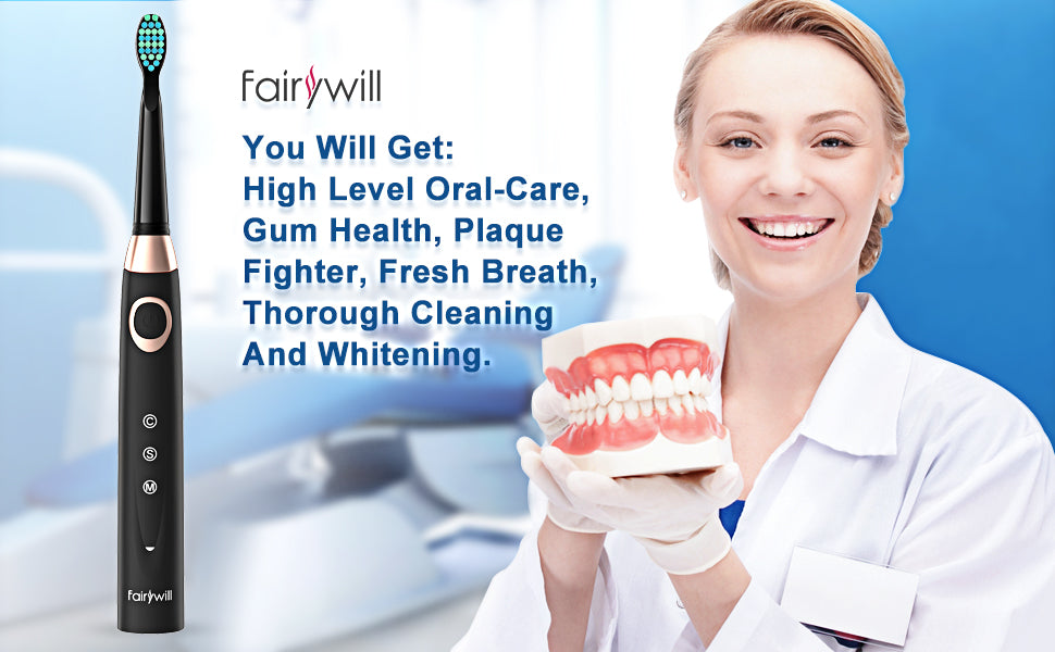 Fairywill Electric Toothbrushes for Adults Kids 5 Modes Smart Timer Rechargeable Whitening Sonic Toothbrush with 10 Brush Heads