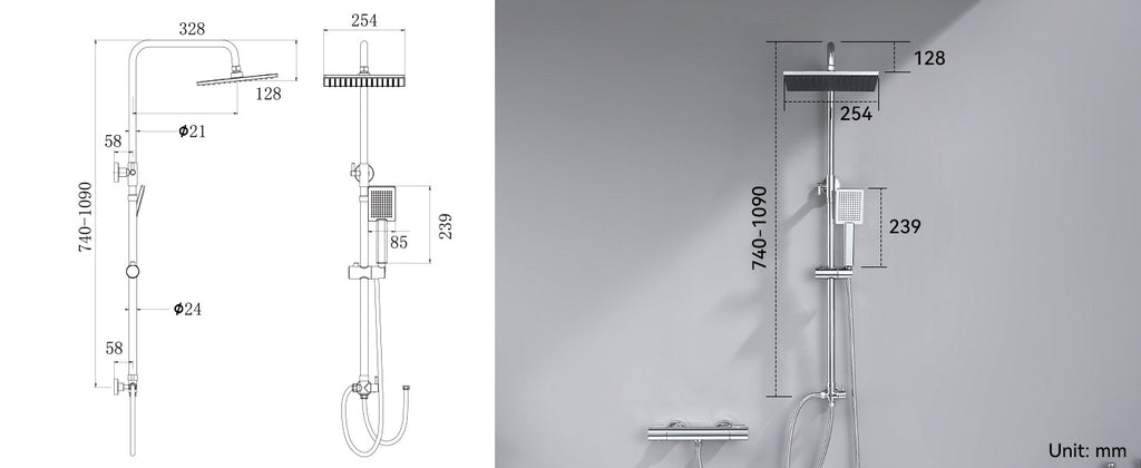 Shower column without mixer tap, chrome finish, 25cm overhead shower, easy installation, adjustable shower bar, 72-110cm