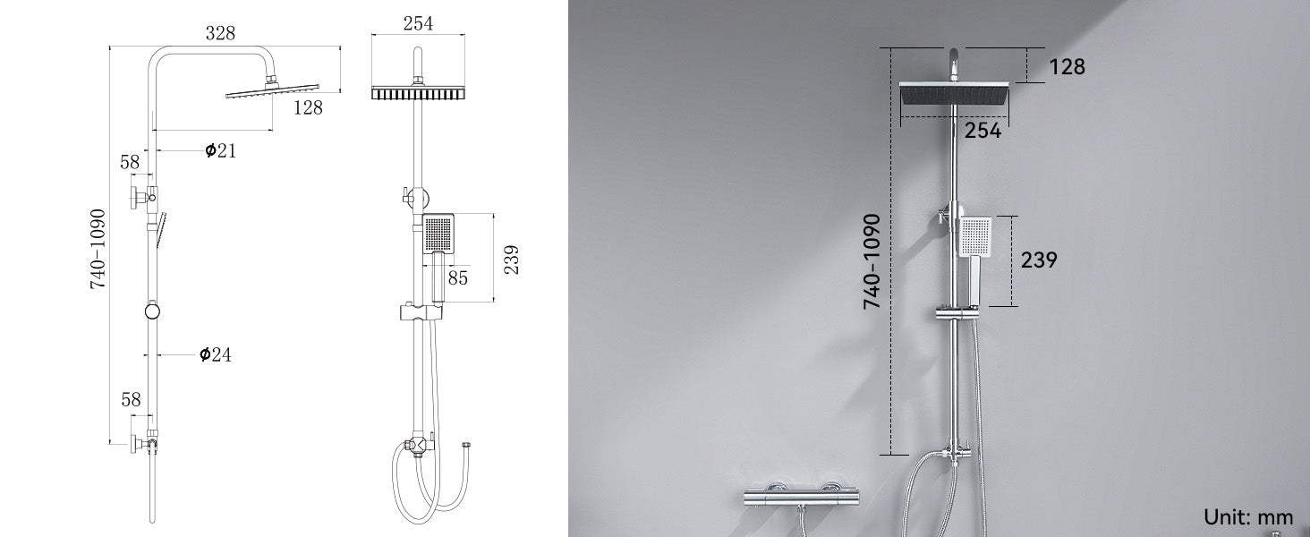 Shower column without mixer tap, chrome finish, 25cm overhead shower, easy installation, adjustable shower bar, 72-110cm