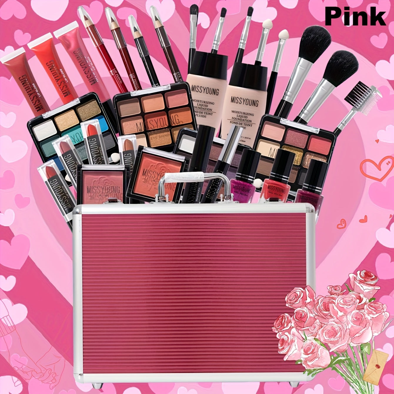 Silvery & Pink Professional Artist Makeup Bag: All-in-One Luxury Makeup Set | 10 Face Eyes & Lips Essentials + Travel Anti-Theft Organizer, Backstage to Ballroom Glamour In One Box, Instant Red Carpet, Halloween & Christmas. Pink Tidesmit