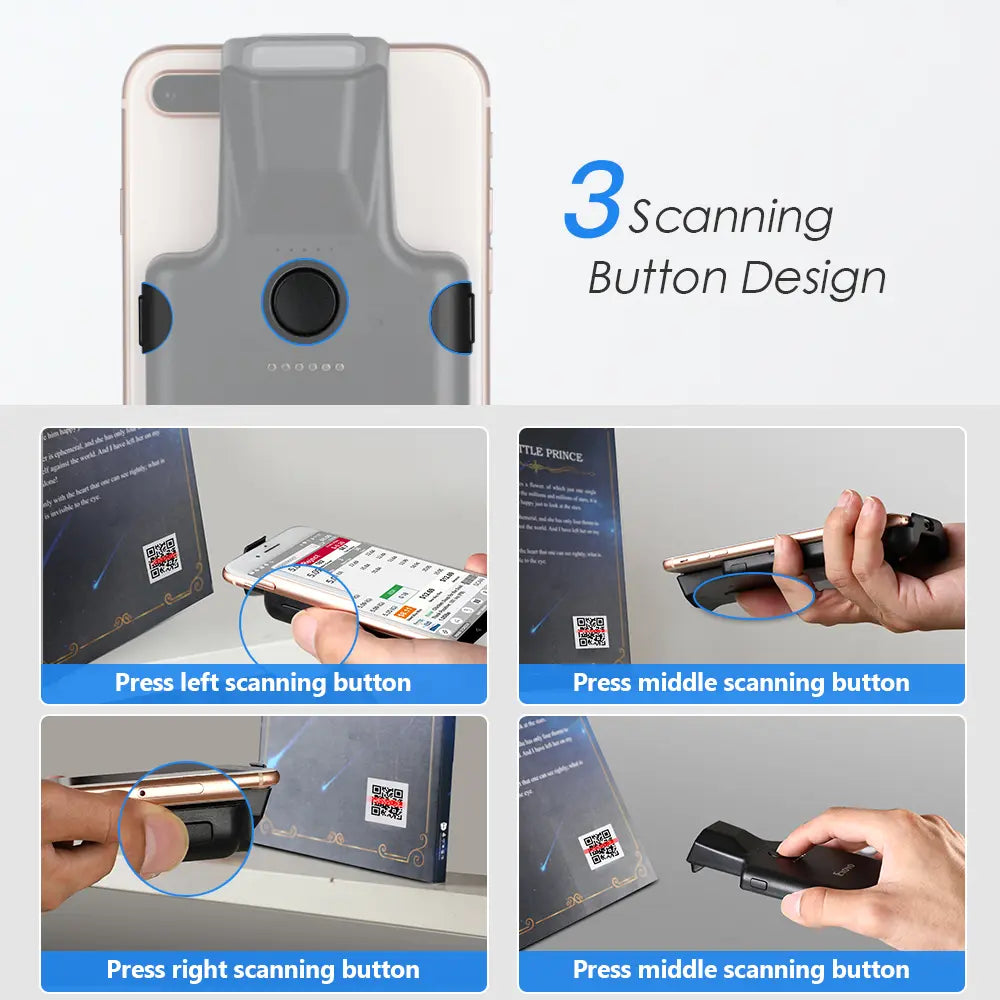 Phone clip barcode scanner with three scanning buttons on the front panel