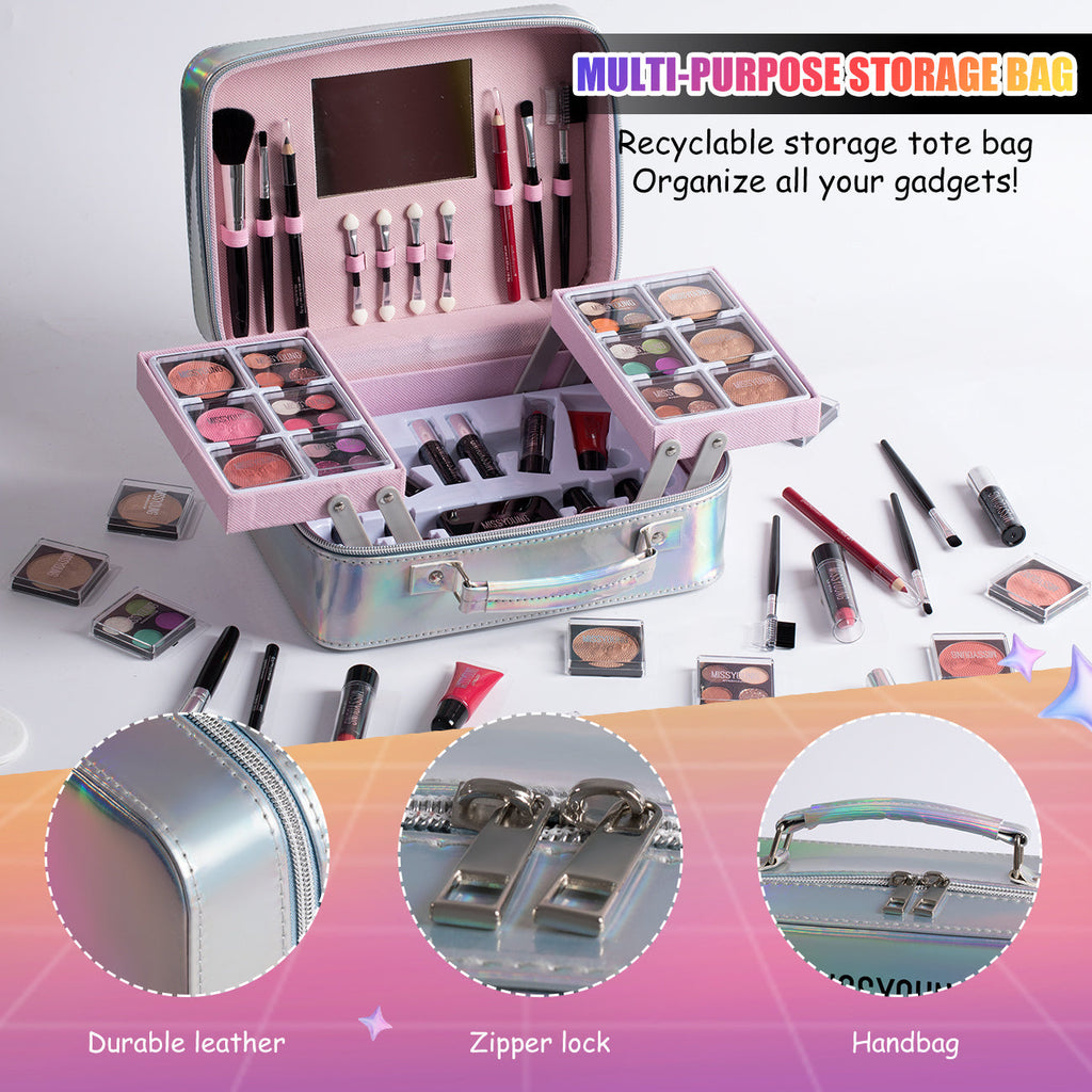 Fashion Streamer Silvery Professional Travel Case: Includes eyeshadow and blush, lipstick, mascara, eyeliner, foundation, brush, etc. -Instant freshness from gym to office, easy and stylish travel, gift for all girls, Gym Es Tidesmit