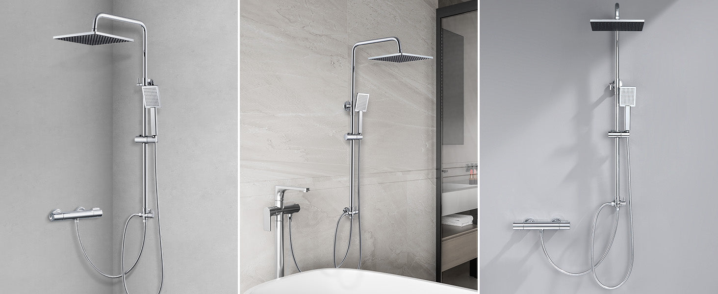 Shower column without mixer tap, chrome finish, 25cm overhead shower, easy installation, adjustable shower bar, 72-110cm