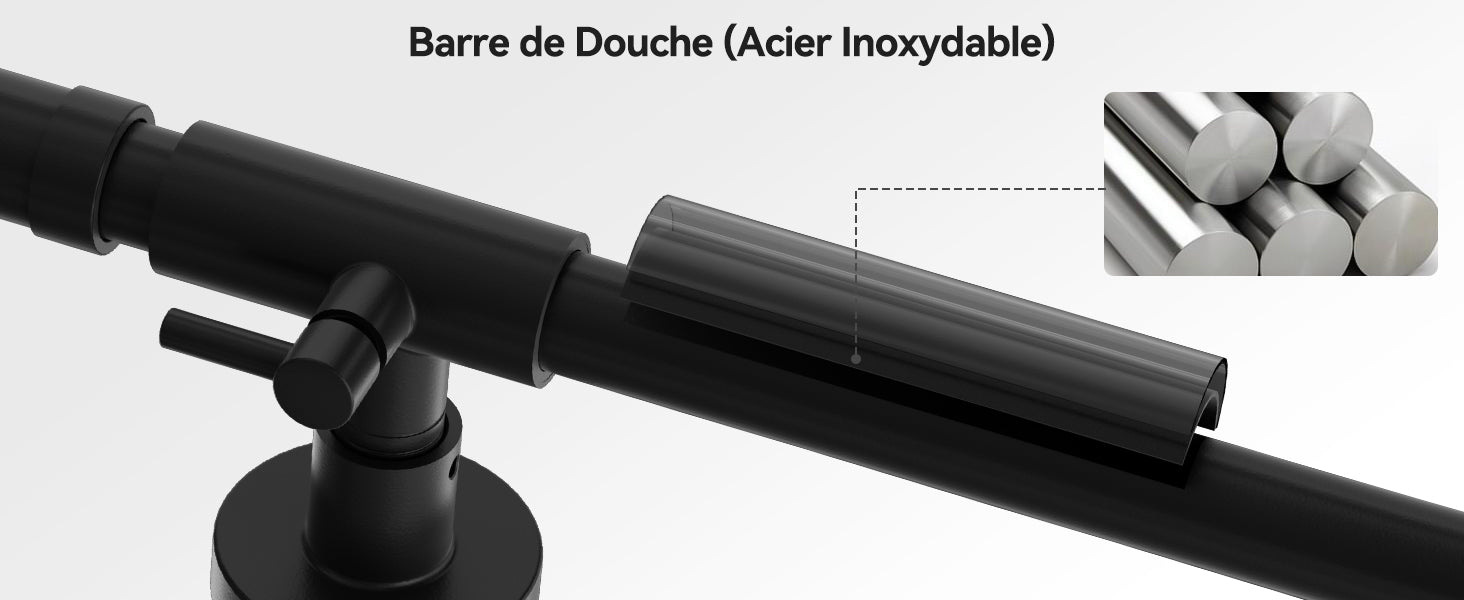 Shower bar with thermostatic mixer tap, anti-scald mixer tap, 25x25 cm shower, adjustable shower bar without drilling, Black