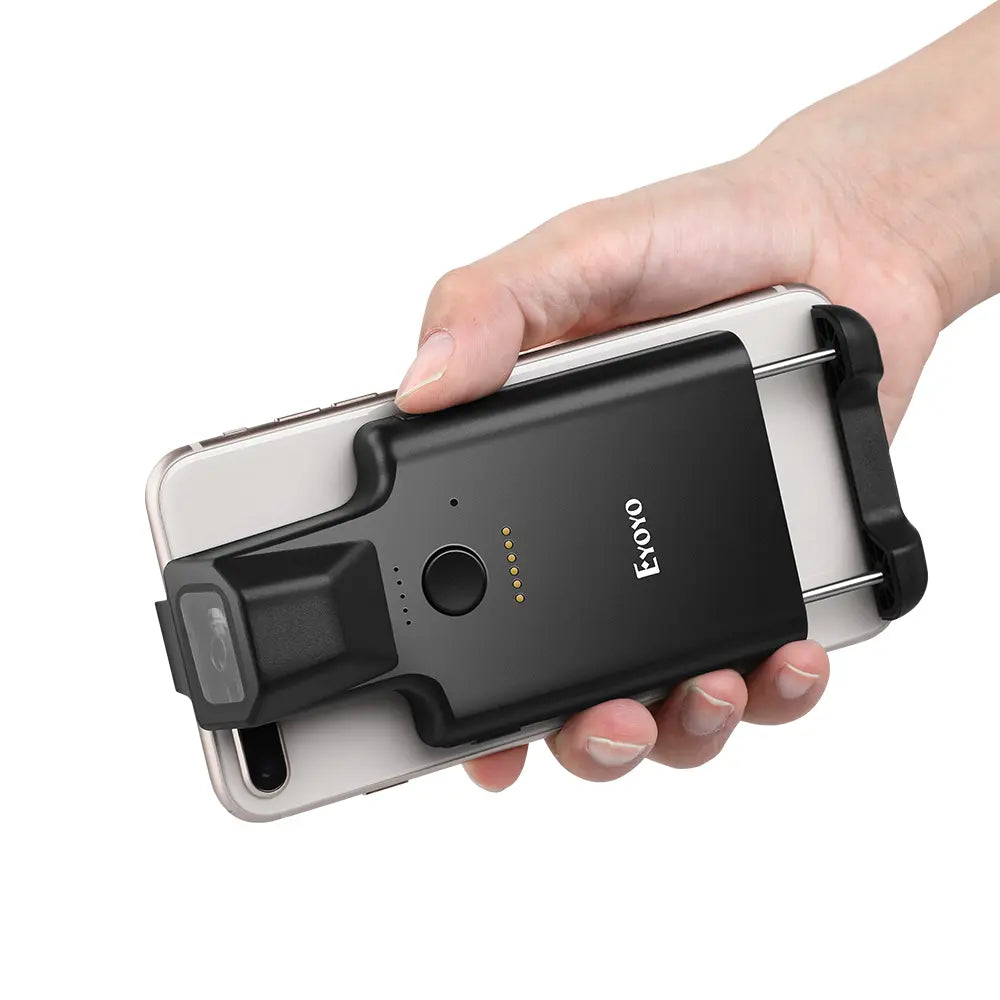 Close-up of black phone clip barcode scanner attached to a smartphone back