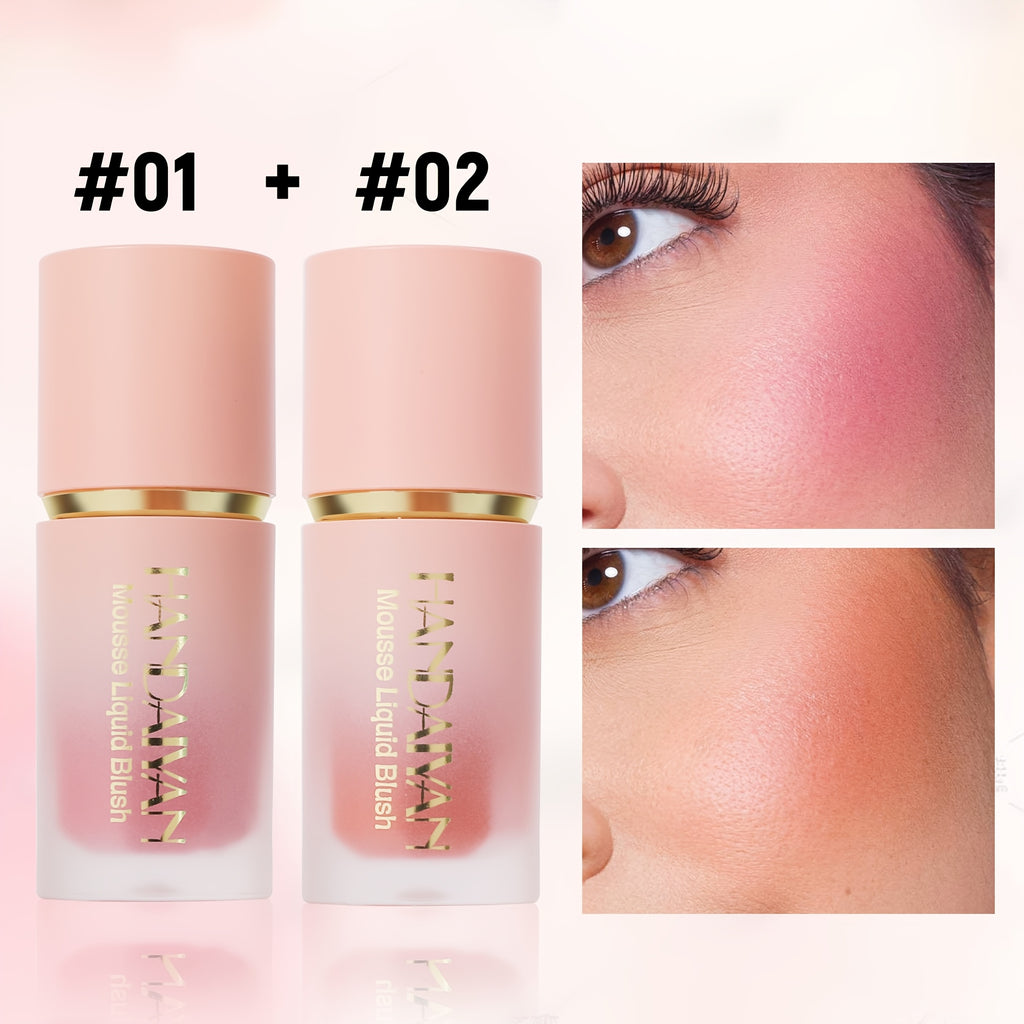 Two cylindrical mousse liquid blush bottles in pink with gold accents, shown with pink and coral cheek swatches.