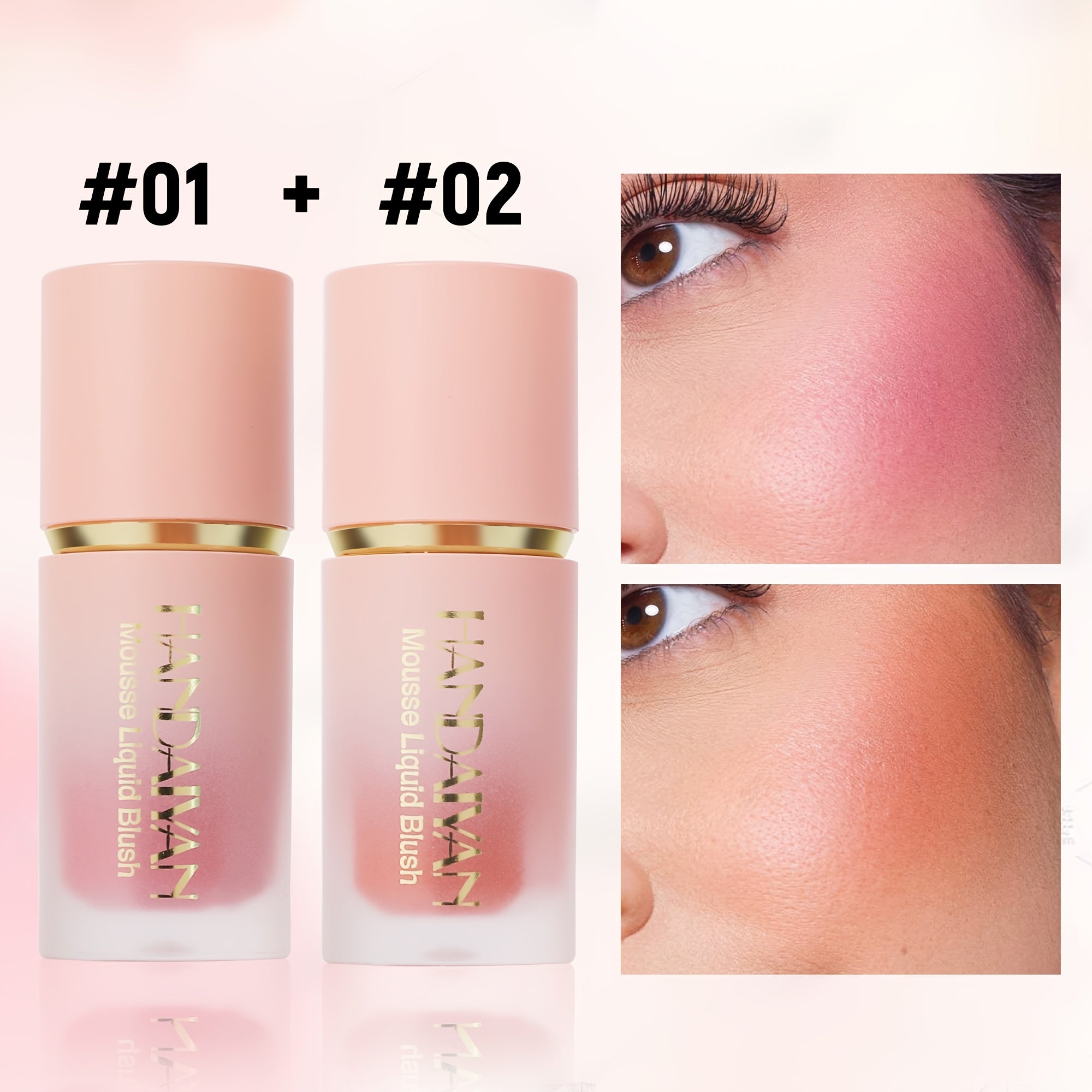 Two cylindrical mousse liquid blush bottles in pink with gold accents, shown with pink and coral cheek swatches.