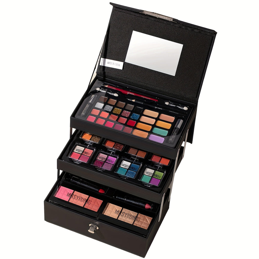 53pcs Night Black Step Case Makeup Set - Portable, Waterproof Design with Eyeshadow, Highlighter, Blush, Concealer, Lip Gloss, Eyeliner, Eyebrow Pencil, Brushes Black- Tidesmit