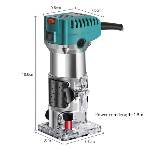 Teal electric milling router with transparent base, showing size dimensions and power cord length