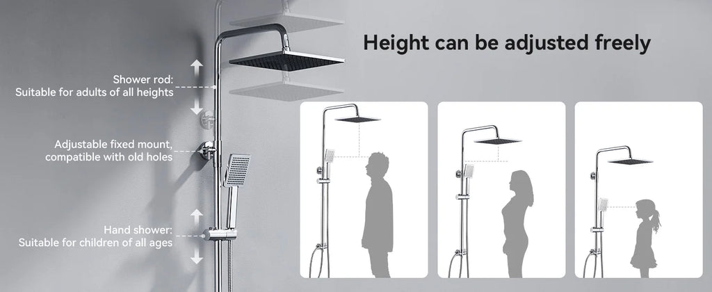 Shower column without mixer tap, chrome finish, 25cm overhead shower, easy installation, adjustable shower bar, 72-110cm