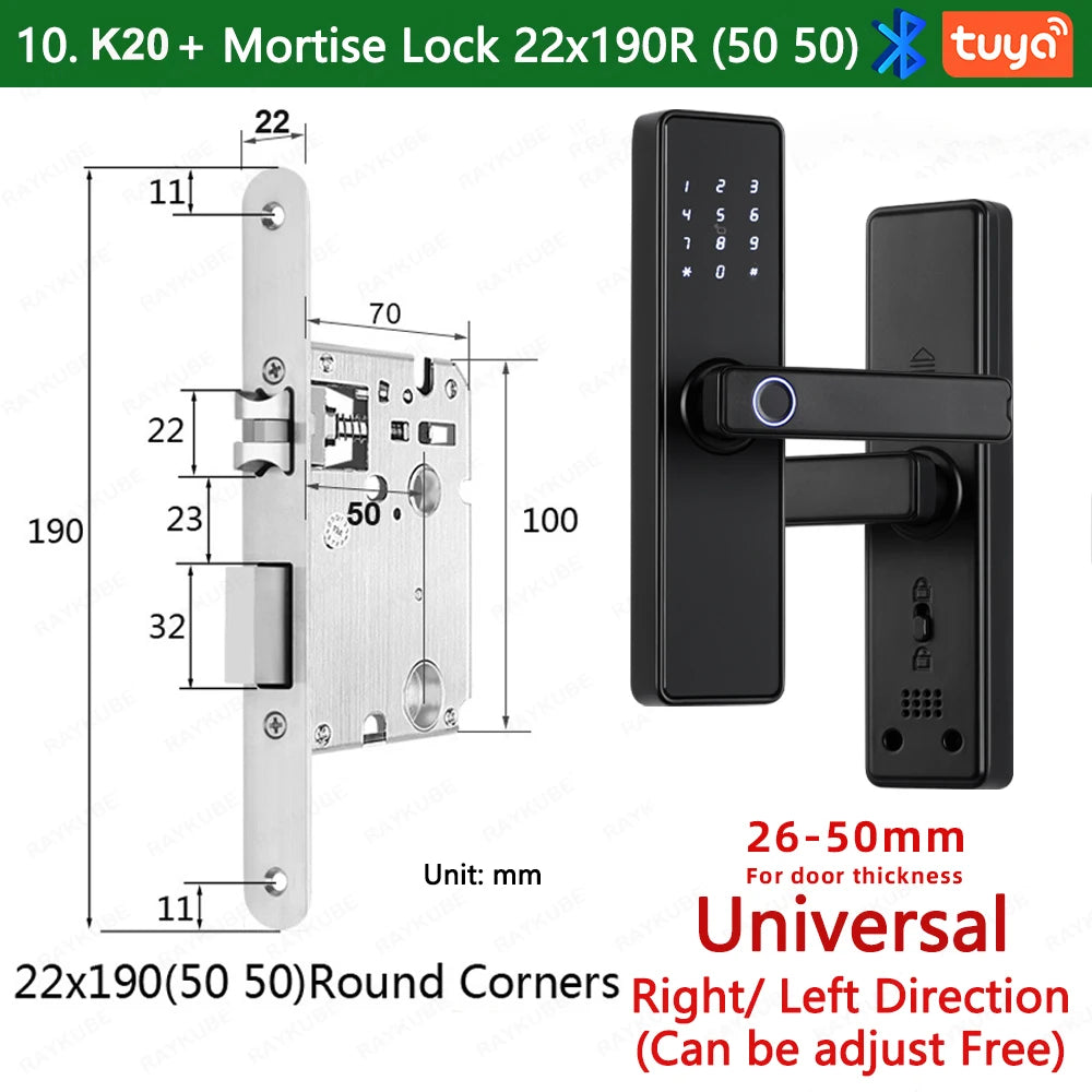 RAYKUBE K20 9-language Biometric Fingerprint Door Lock Electronic Door Lock with  Tuya APP/IC Card/Password/ Key Unlock