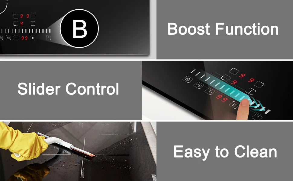 Induction cooktop with slider control bar and boost function indicator