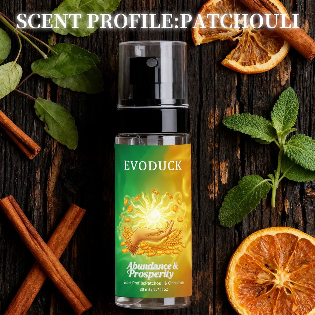 Evoduck Patchouli & Cinnamon body spray for women. 2.7 oz travel-size fragrance mist in a clear cylindrical pump bottle.