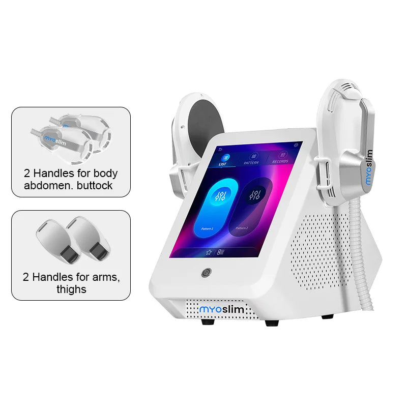 White Myoslim body sculpting machine with touchscreen and four interchangeable applicator handles for targeted