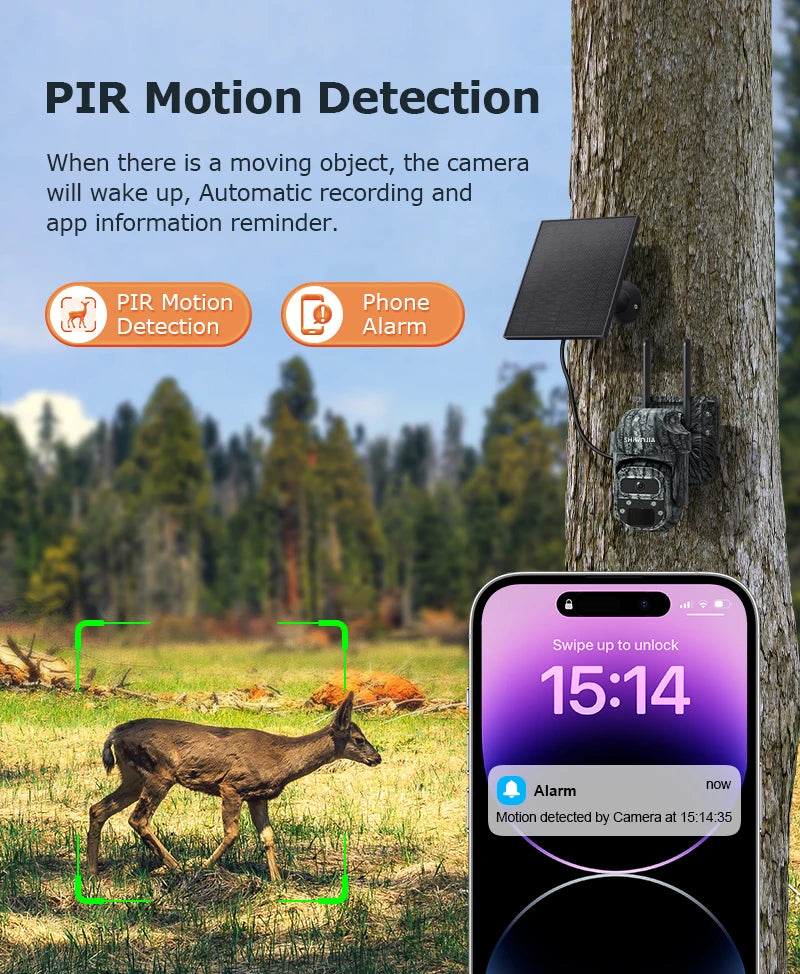 SHIWOJIA Mini PTZ Camouflage Solar Camera 4G WiFi IP65 Wide Angle AI Animal Detection Trail CCTV Security for Hunting Outdoor