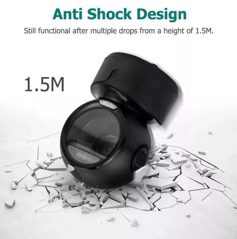 Black 2D QR barcode scanner on base, anti-shock design