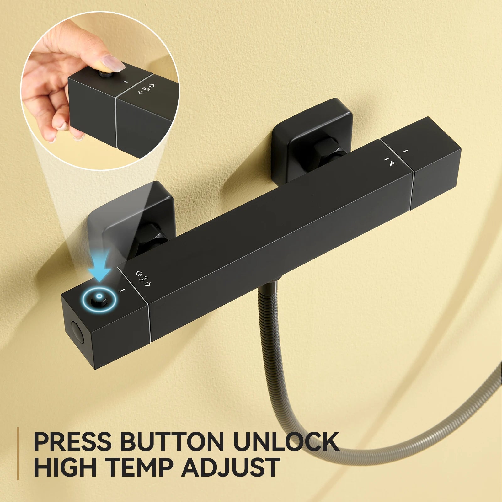 Thermostatic Shower Faucet, Square, Wall-mounted Mixer, Black Thermostatic Mixer, Automatic Thermostat Control, 38°C, G1/2