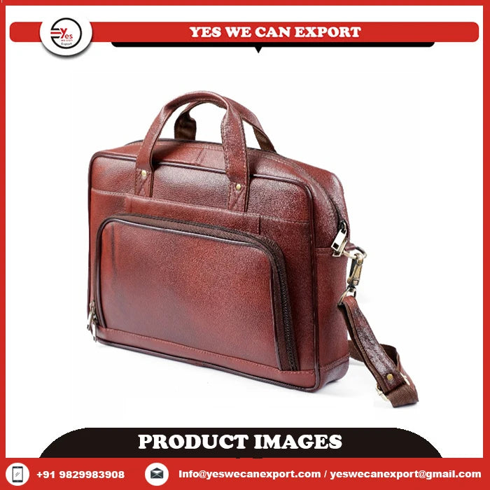 Brown genuine leather 15.6-inch laptop briefcase for business with top handles, shoulder strap, and front pocket.