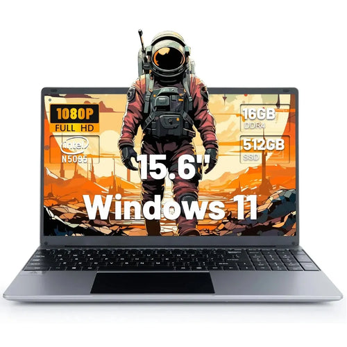 AEEZO 15.6-inch grey laptop with black keyboard, trackpad, and screen displaying an astronaut graphic.
