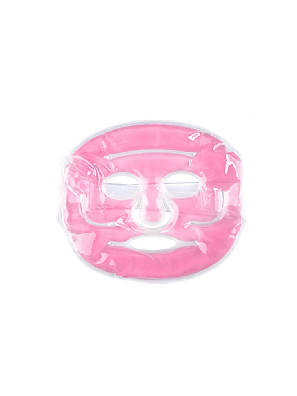 Pink, clear gel face mask for cooling or heating therapy with eye, nose, and mouth cutouts on a white background.