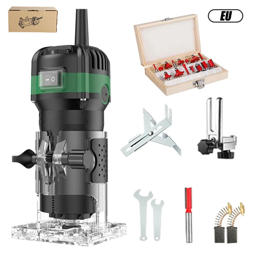 Electric wood edge router trimmer with black and green motor, clear base, included bits
