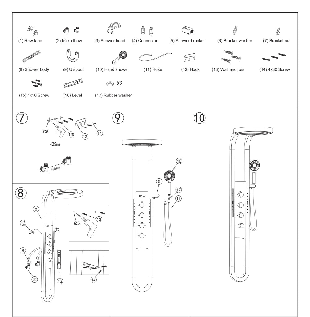 Bathroom Light Shower Faucet Panel LED Digital Display Shower Faucet Set Shower Screen Waterfall Wall Mounted Shower System Set