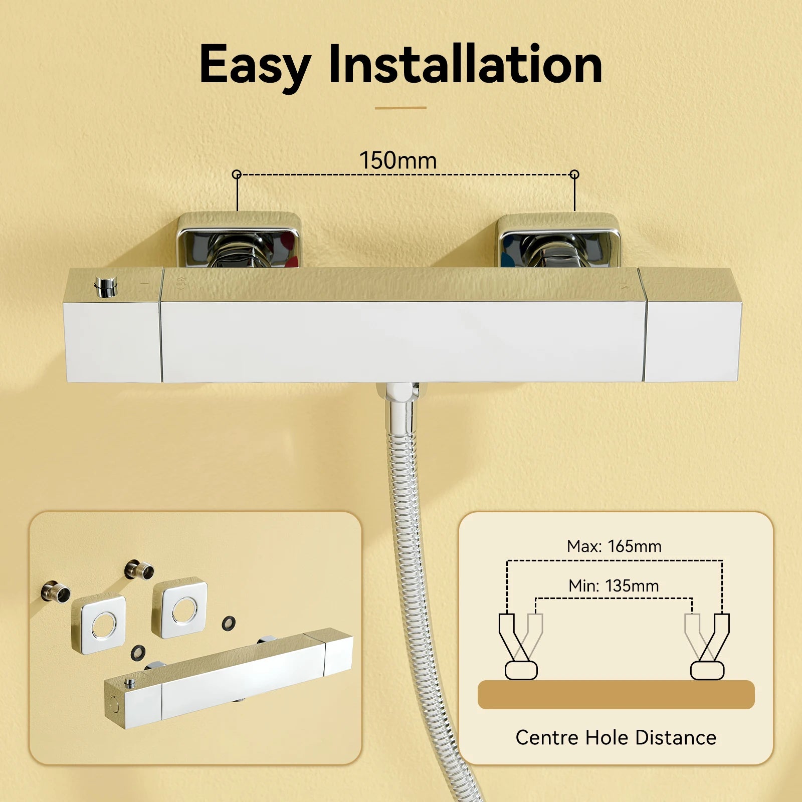 Square Thermostatic Shower Mixer Valve, Chrome Finish, Wall Mounted, 38°C Safety Lock, G1/2 Connection, Automatic Control