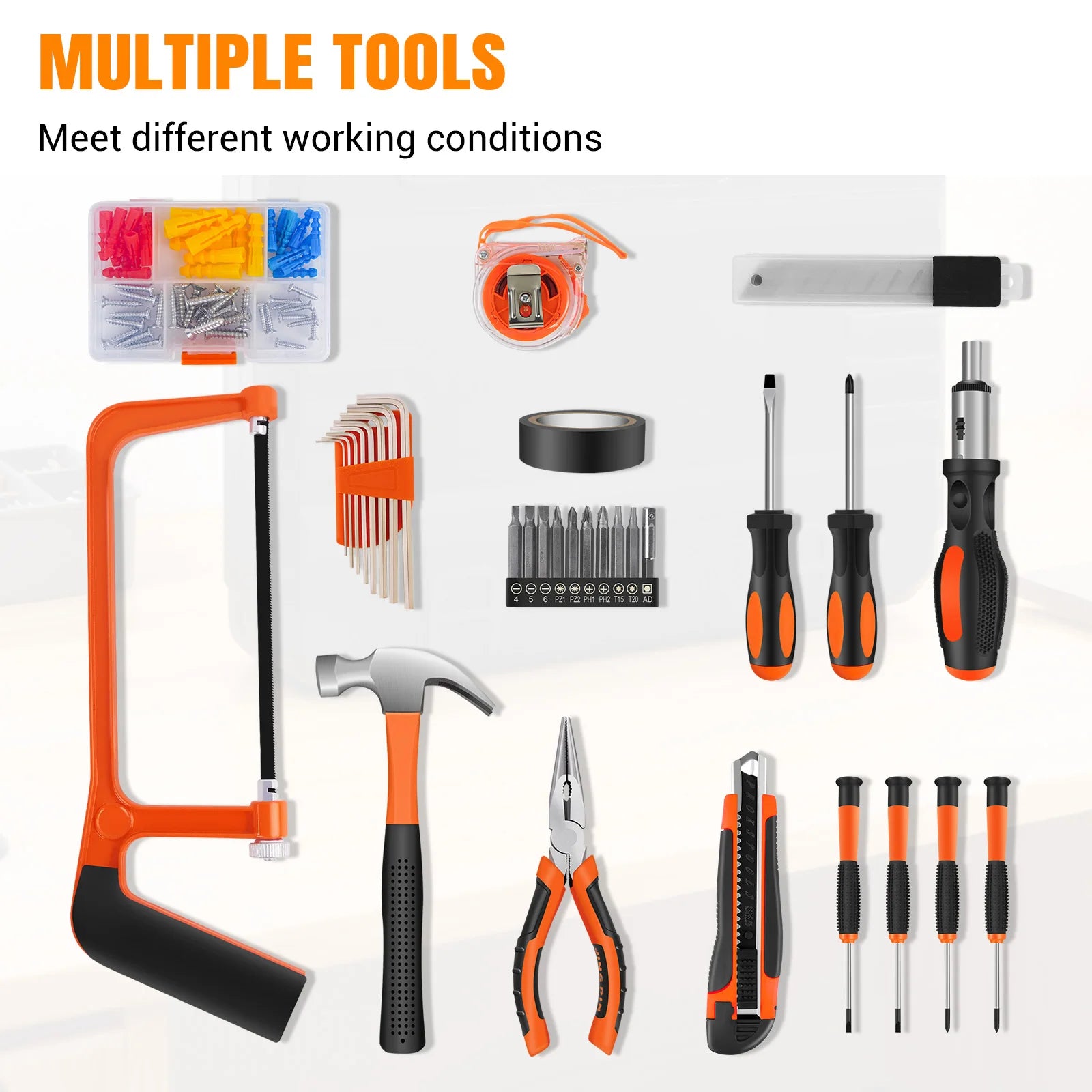 Household Hand Tool Kit, General Repair Tool Set with Hammer, Wrench, Pliers, Screwdrivers, Voltage Tester, Portable Storage Case, Multi-Purpose Home Maintenance Repair Tools for DIY, Furniture Assembly, Electrical & Car Repa